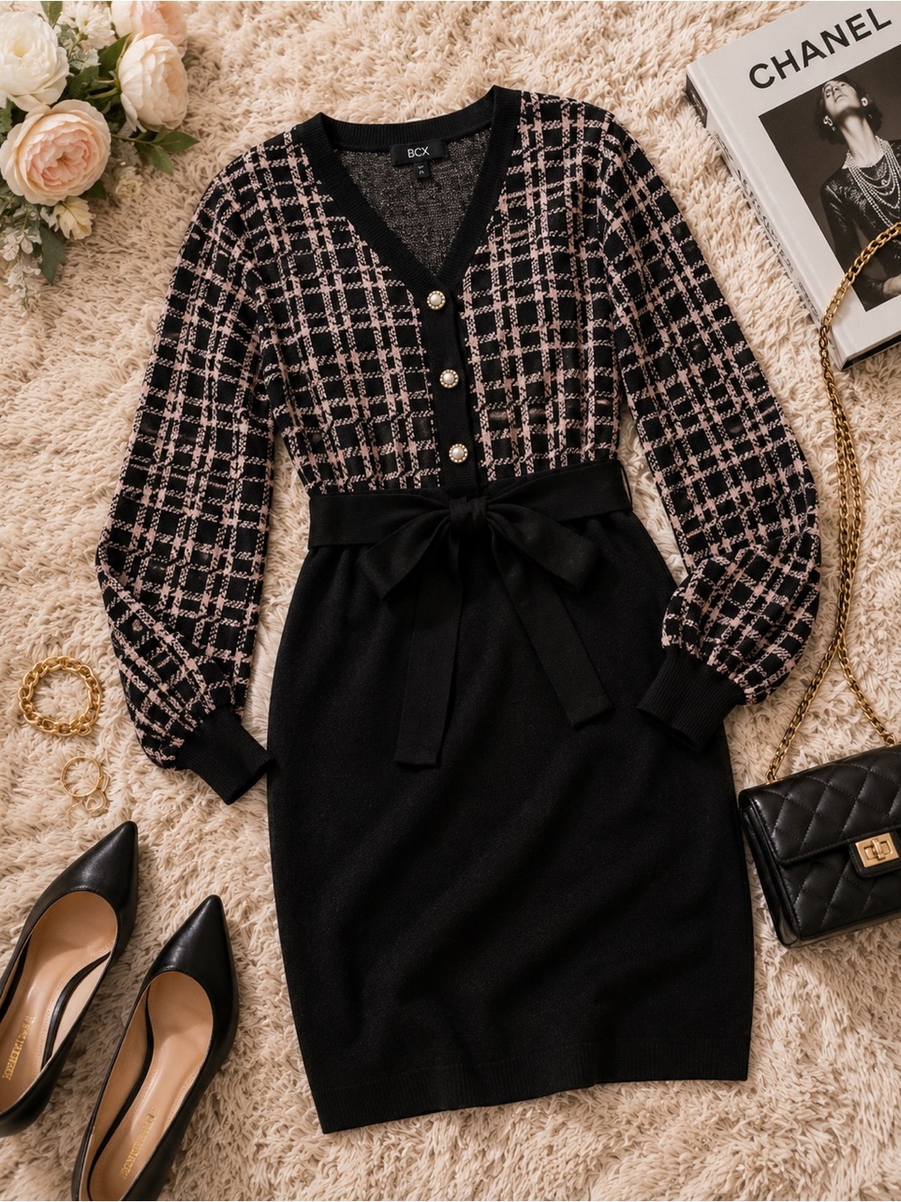 BCX Plaid Sweater Dress NWT Medium V-Neck Tie Waist Long Sleeve Knit Mini
